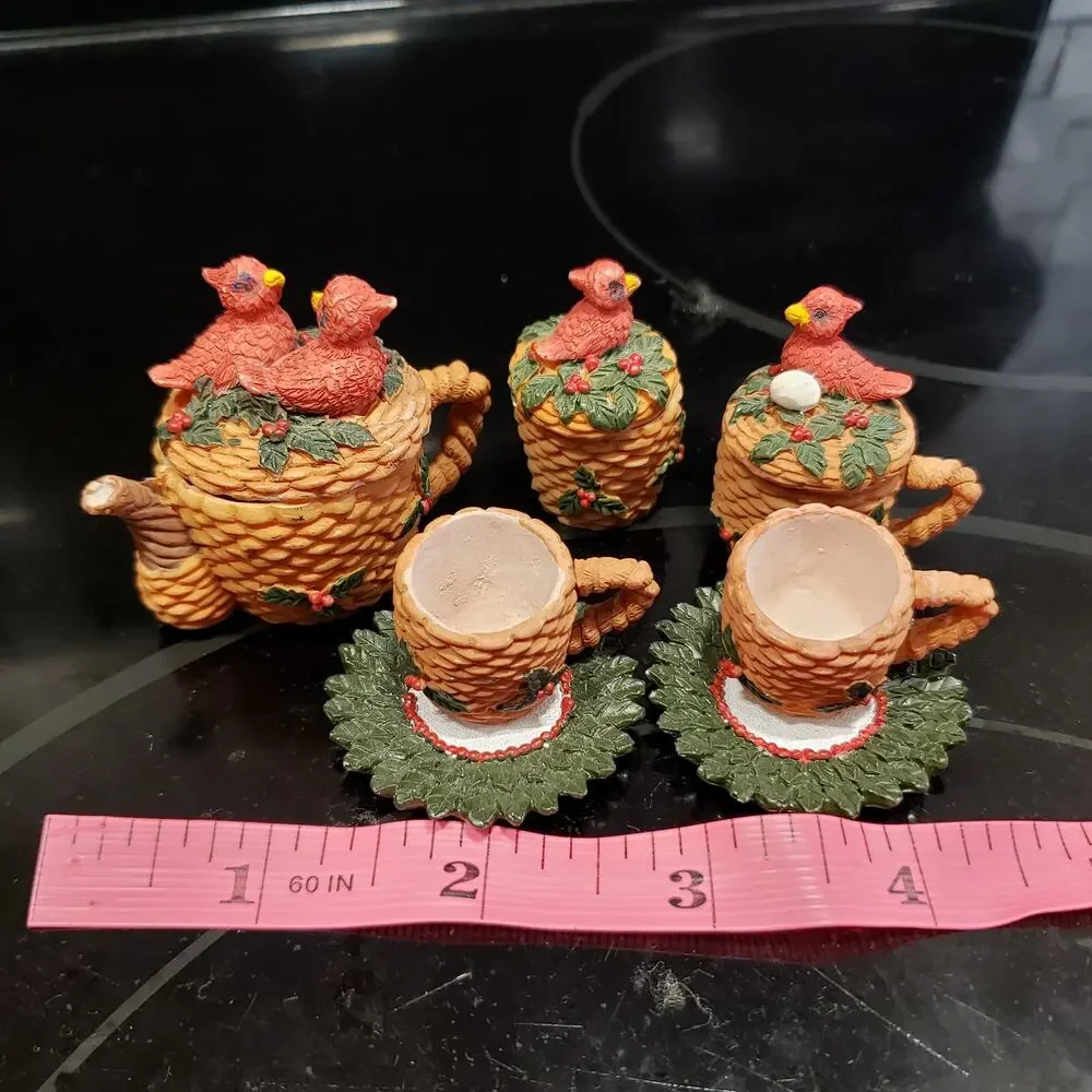 Vintage Bird Tea Set Spring Birds Nest Red Detailed 10 Pieces Miniature Tea Set